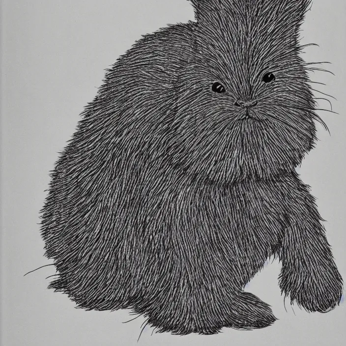 Image similar to a still frame from comic strip, black fluffy hairy furry rabbit on a clean background 1 9 5 0, herluf bidstrup, new yorker illustration, monochrome contrast bw, lineart, manga, tadanori yokoo, simplified,