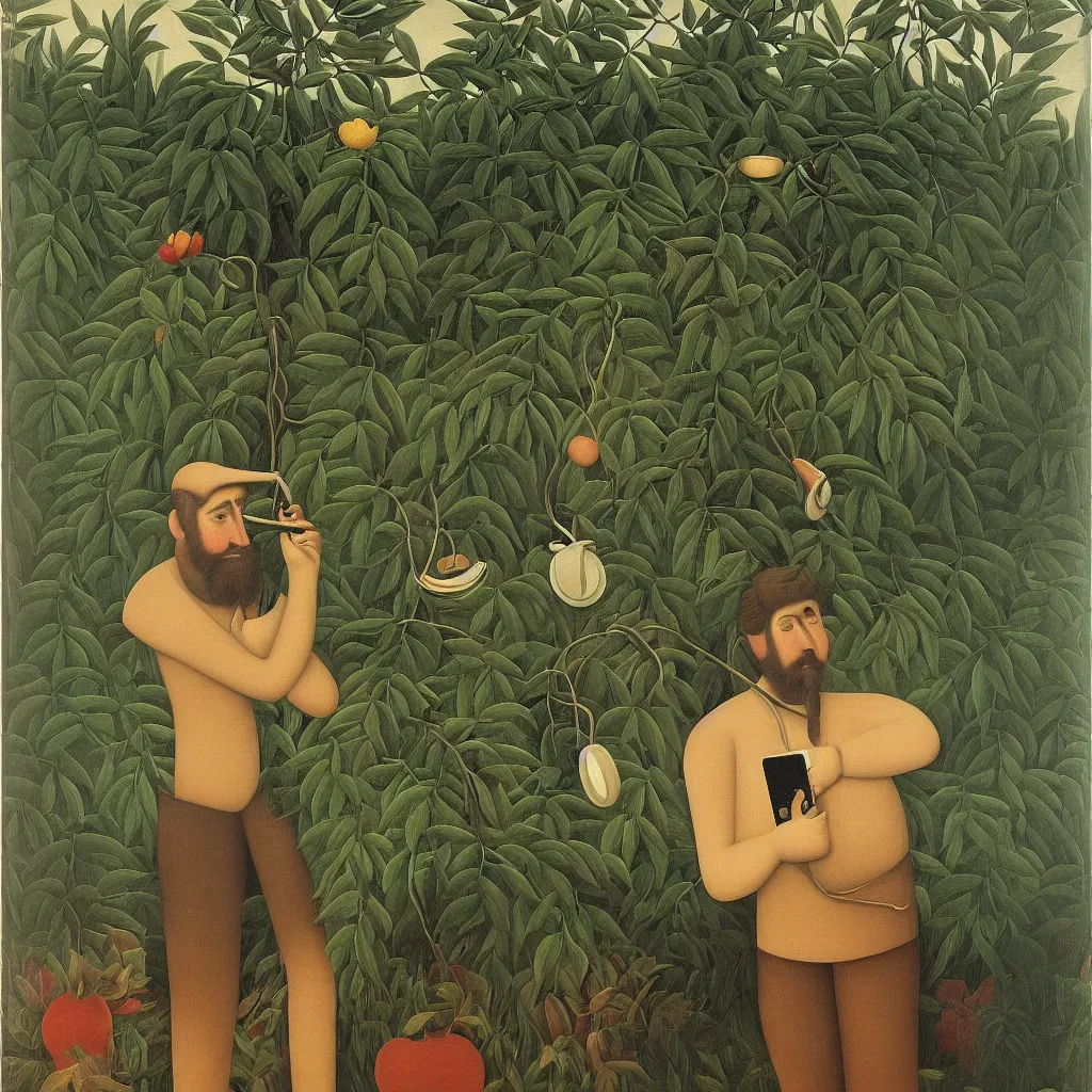 Image similar to i, a man wearing headphone and playing his iphone, by henri rousseau