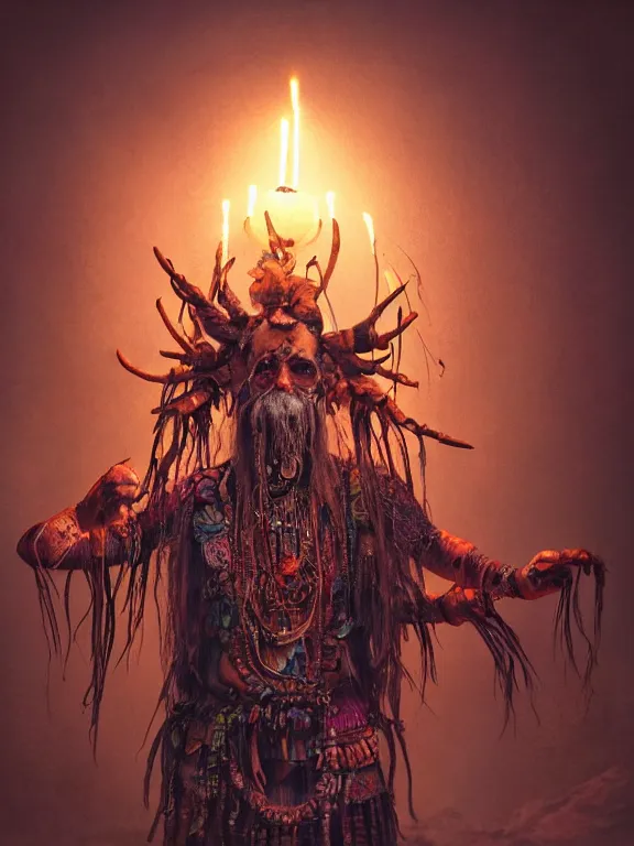 Image similar to fine painting of a death shaman from an ancient culture with mushrooms growing from his body, candlelight, 8 k, ultra realistic, lens flare, atmosphere, glow, detailed, intricate, full of colour, cinematic lighting, trending on artstation, 4 k, hyperrealistic, focused, extreme details, unreal engine 5, cinematic, masterpiece