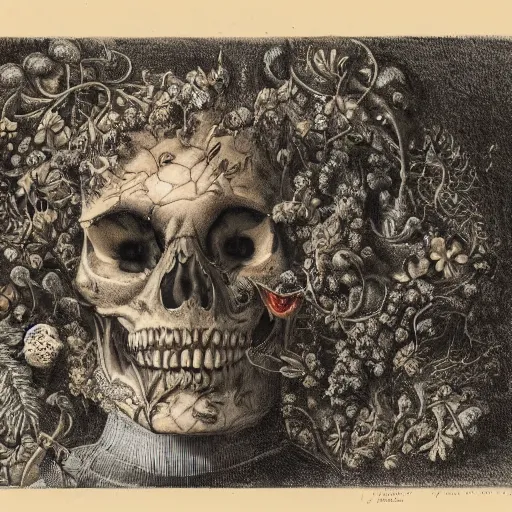 Image similar to a beautiful detailed rococo portrait of a rotten woman corpse becoming almost a skull with face muscles, veins, arteries, fractal plants and fractal flowers and mushrooms growing around, intricate, ornate, volumetric light, beautiful lit, beetlejuice