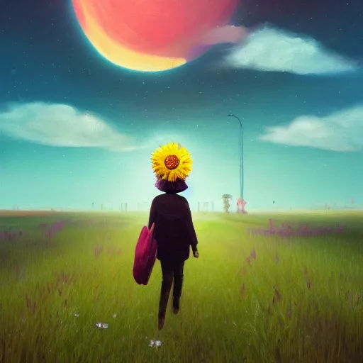 Image similar to giant daisy flower as a head, girl walking in field, surreal photography, moon light, dark night, dramatic, impressionist painting, clouds, digital painting, artstation, simon stalenhag