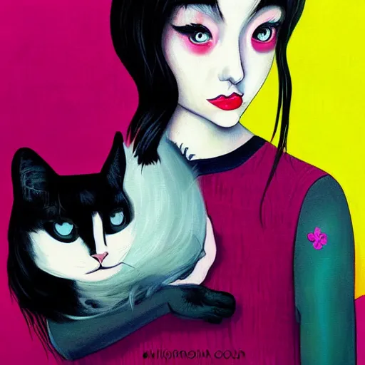 Image similar to a painting of a woman holding a cat, a character portrait by harumi hironaka, trending on deviantart, pop surrealism, ilya kuvshinov, digital illustration, storybook illustration
