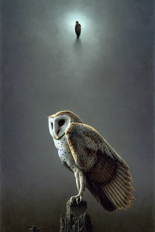 Image similar to potrait of giant omnipotent horrifying barn owl striking an aggressive pose, by zdzislaw beksinski, by dariusz zawadzki, by wayne barlowe, gothic, surrealism, cosmic horror, lovecraftian, cold hue's, warm tone gradient background, concept art, beautiful composition