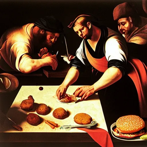 Prompt: Caravaggio cooking burgers darkness