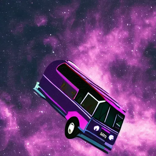 Prompt: Soviet era bus in space in front of a purple nebula