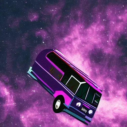 Image similar to Soviet era bus in space in front of a purple nebula