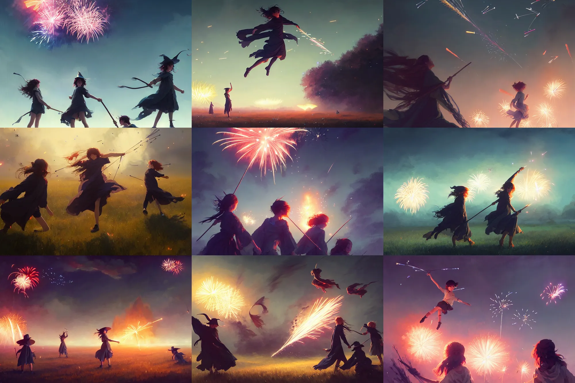 Prompt: young witches flying above a field launching fireworks into the sky, magical particles in the air, night time, rim light, studio ghibli style, high octane filter, 8 k, highly detailed, digital painting, concept art, matte, art by ruan jia and wlop and greg rutkowski and makoto shinkai, masterpiece