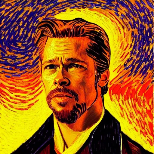 Prompt: brad pitt golden hour sunset, self portrait style van gogh