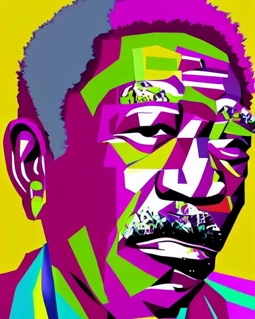 Prompt: cubist portrait of morgan freeman cutout digital illustration cartoon colorful beeple