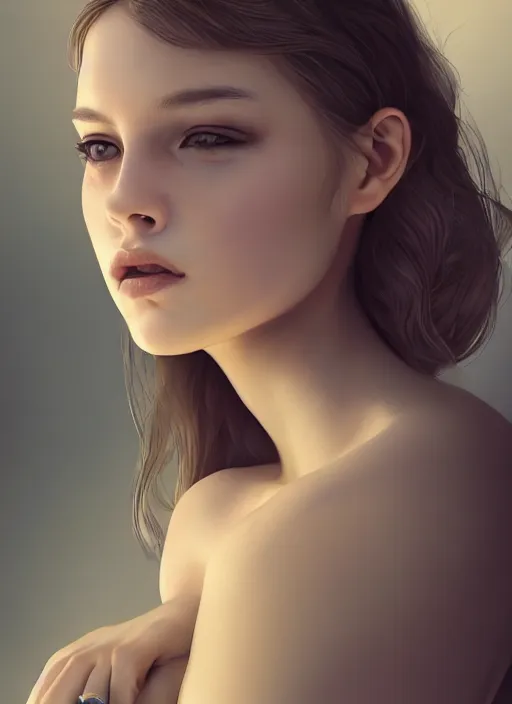 Image similar to a realistic photo portrait of beautiful 👧 with soft 👀 fashion modeling pose, full body, like a professional model, face by WLOP, body by Alex Flores, face symmetry, style of Dan Luvisi, and Charlie Bowater, artstation, rendered, cinematic color grading, muted colors, soft light, rule of thirds, cinematic