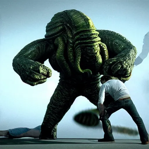 Image similar to chuck norris Fight with the giants cthulhu, cgi