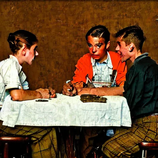 Image similar to Three students talking at a table artwork by Norman Rockwell, cinematic view, high quality