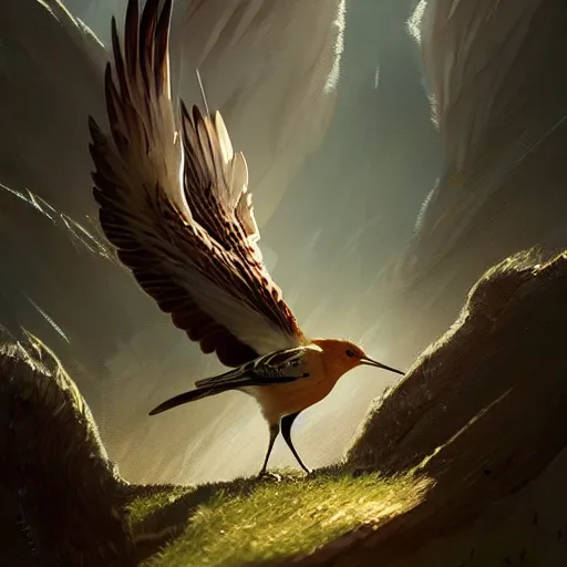 Image similar to hoopoe with open crest in avila pinewood, 4 k, concept art, by wlop, ilya kuvshinov, artgerm, krenz cushart, greg rutkowski, pixiv. cinematic dramatic atmosphere, sharp focus, volumetric lighting, cinematic lighting, studio quality