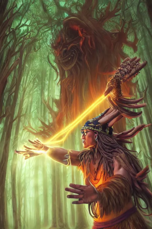 Image similar to an aztec sorcerer casting a powerful spell in a dark forest, by artgerm, ultra hd, hd, 4 k, highly detailed, small details,