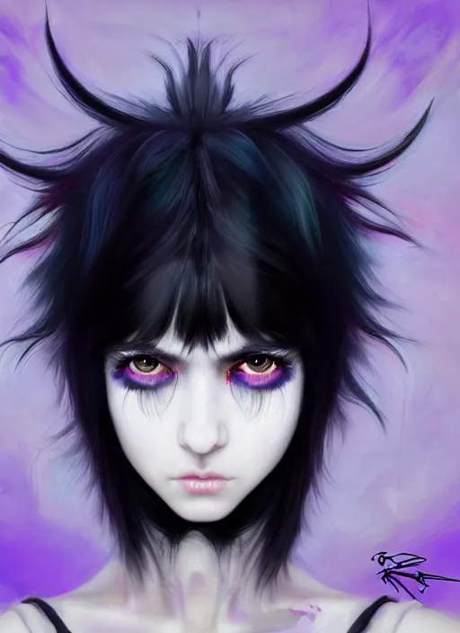 Image similar to hair blackbangs hair, white cyberlox, portrait of normal teenage girl, normal face, black bangs, messy bangs, fluffy bangs, cyberlox, whitebangs, red contact lenses, purple background, intricate, elegant, highly detailed, digital painting, artstation, concept art, sharp focus, smooth, illustration, art by wlop, mars ravelo and greg rutkowski