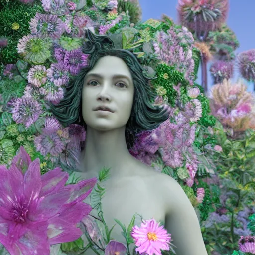 Image similar to an idealistic marble statue with flowery hair in a fractal garden, unreal engine, 8k render, beautiful, full frame,