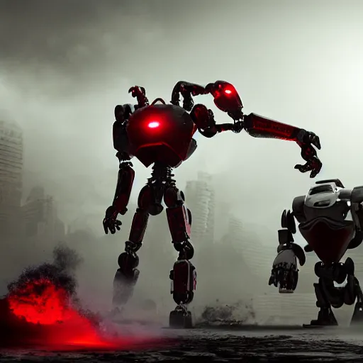 Image similar to apocalyptic, a very strong robot with red enerygies shaking the hand with an mighty alien creature with multiple eyes. smoke. volumetric lighting, sharp focus, ultra detailed, cgsociety - w 1 0 2 4 - n 8 - i