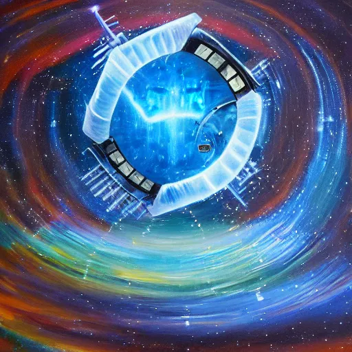 Image similar to An oil on canvas painting of the TARDIS flying through a space-time vortex