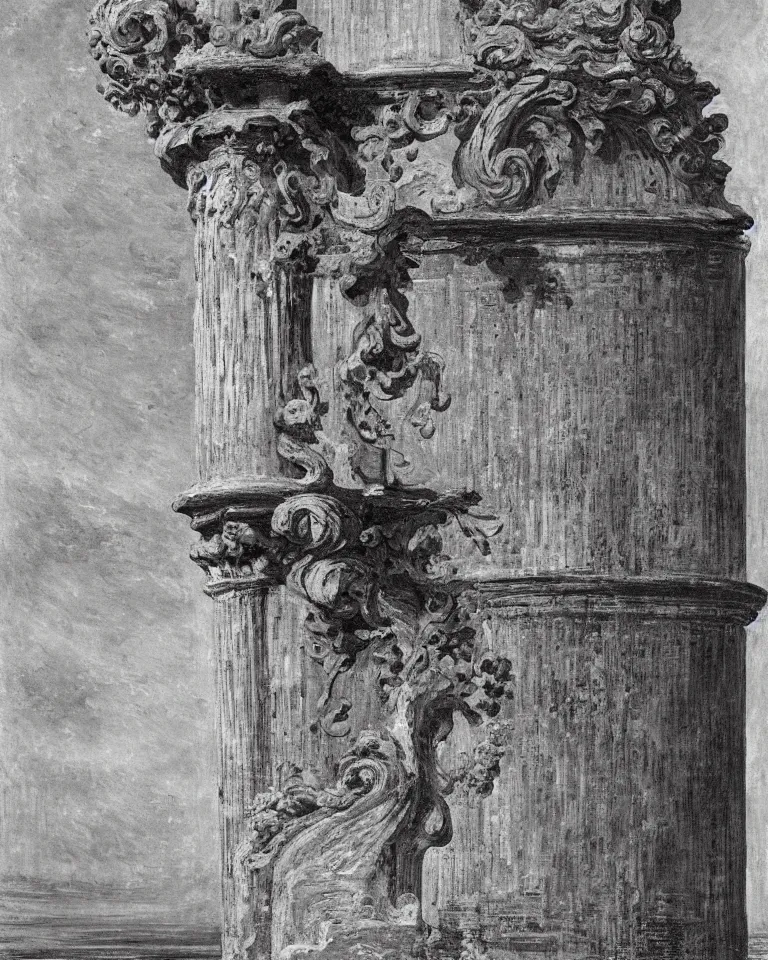 Image similar to achingly beautiful painting of intricate ancient roman corinthian capital on black background by rene magritte, monet, and turner. giovanni battista piranesi.