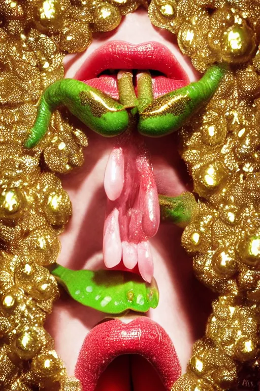 Image similar to hyperrealistic anthropomorphic cartoon 3 d unreal engine red and white polka dot venus fly trap shiny luscious lips slick wet tongue, cinematic lighting golden hour wedding photography