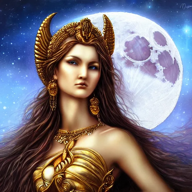 Image similar to perfectly centered close up portrait, goddess of moon, candid photography, by anne stokes, highly detailed, character concept