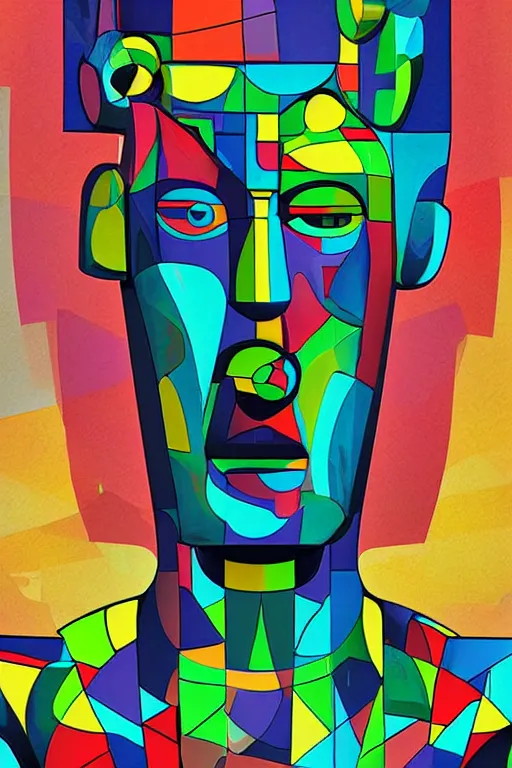 Image similar to cubist moai statue cutout digital illustration cartoon colorful beeple