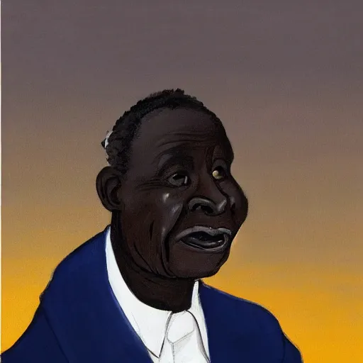 Image similar to a painting of a fatherly, aquiline nose, wide forehead, round face, XXL , loving, caring, generous, ever-present, humble, wise elder from Kenya with a friendly expression in a suit by Kara Walker . Fatherly/daddy, focused, loving, leader, relaxed,. ethereal lights, details, smooth, sharp focus, illustration, realistic, cinematic, artstation, award winning, rgb , unreal engine, octane render, cinematic light, macro, depth of field, blur, red light and clouds from the back, highly detailed epic cinematic concept art CG render made in Maya, Blender and Photoshop, octane render, excellent composition, dynamic dramatic cinematic lighting, aesthetic, very inspirational, arthouse.