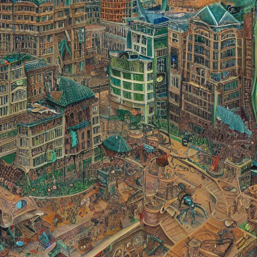 Image similar to gigantic ant walking through the center of a populated city, extreme detail, abstract realism, highly ornate intricate details, 1 9 2 0's colored pencil, 4 k, cinematic lighting,