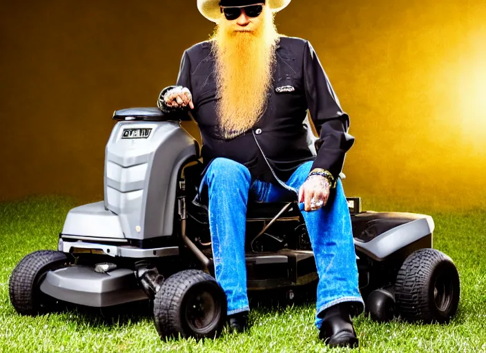 Prompt: photo still of billy gibbons of zz top!!!!!!!! at age 4 6 years old 4 6 years of age!!!!!!!! on a riding lawn mower, 8 k, 8 5 mm f 1. 8, studio lighting, rim light, right side key light