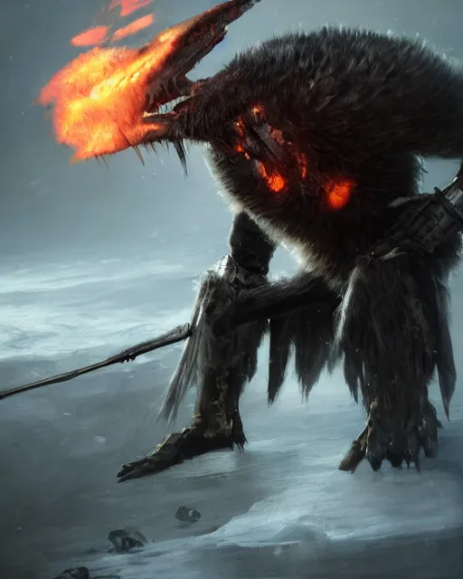 Prompt: oil painting of Angry Anthropomorphized Penguin Berserker, wearing fur armor, claws, sharp focus, attack pose, fantasy style, octane render, volumetric lighting, 8k high definition, by greg rutkowski, highly detailed, trending on art Station, magic the gathering artwork, burning Battlefield background, centered