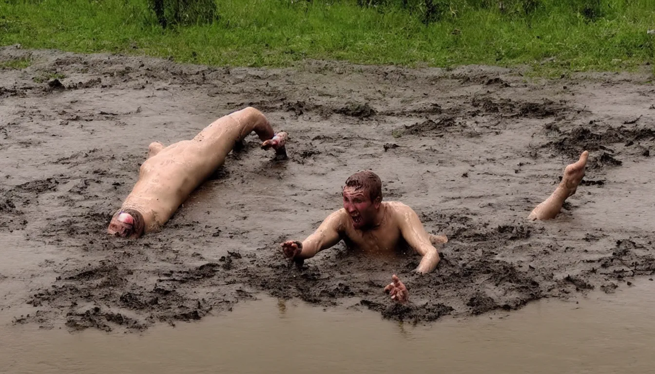 Image similar to man swimming trough the mud, russian style, hilarious, funny, meme, realistic, detailed, 4 k