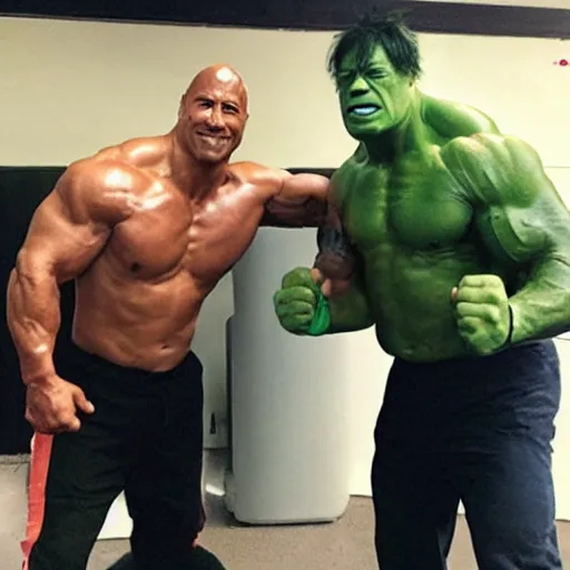 Prompt: Dwayne Johnson boxes with Hulk