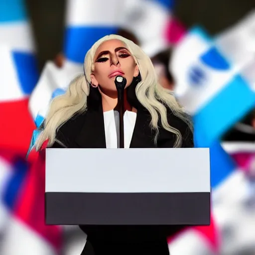 Image similar to Lady Gaga as president, Argentina presidential rally, Argentine flags behind, bokeh, giving a speech, detailed face, Argentina