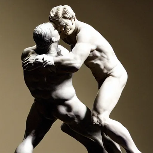 Image similar to conan o'brien and andy richter wrestling, by rodin, marble