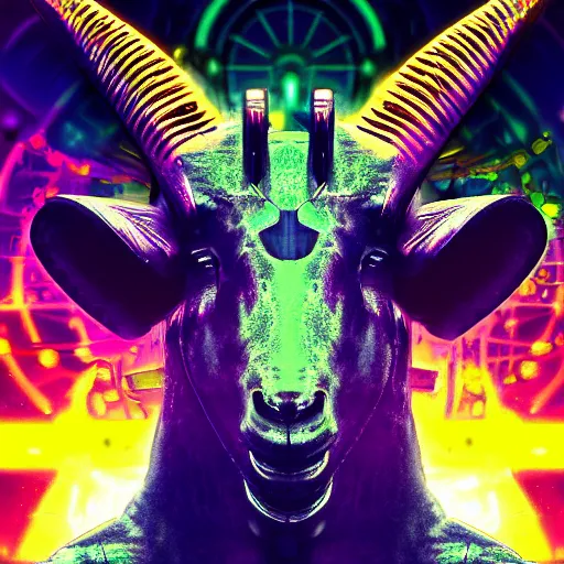 Image similar to complex cyberpunk machine background merged with evil cybernetic goat head in center focus, multicolored digital art