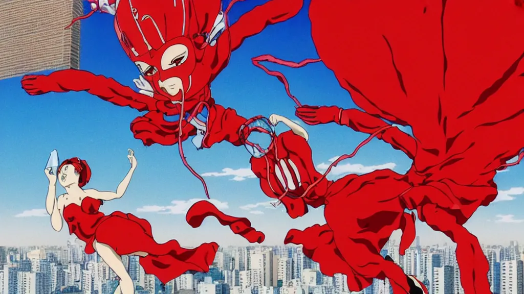 Prompt: a woman in a red dress wearing a red lobster mask falling from a building in Tokyo , film still from the an anime directed by Katsuhiro Otomo with art direction by Salvador Dalí, wide lens