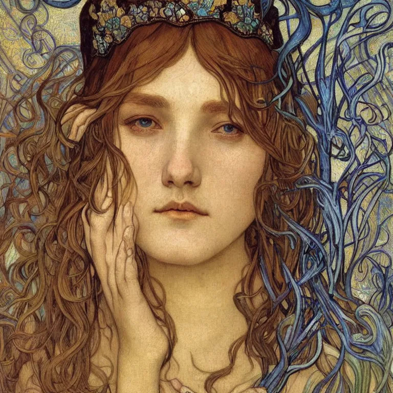 Image similar to detailed realistic beautiful young medieval queen face portrait by jean delville, alphonse mucha, vincent van gogh, and marco mazzoni, art nouveau, symbolist, visionary, gothic, pre - raphaelite