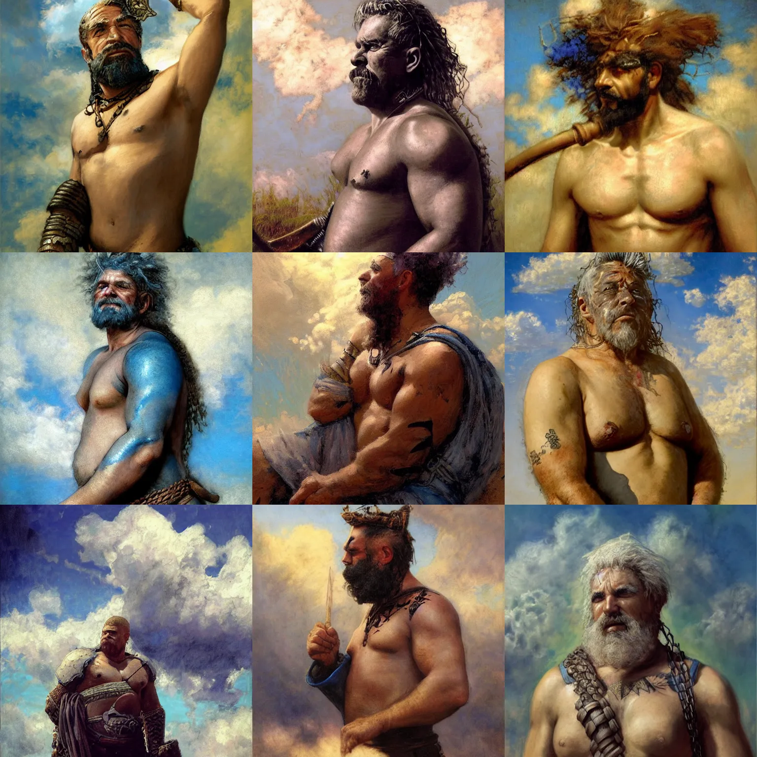 Prompt: a medieval blacksmith, tattoos of cumulus clouds, half-man-half-cloud, burly, blue-white hair, resting on a tough day, candid, cloud and sky color scheme, tribal cloud man, fantasy character portrait by gaston bussiere, craig mullins