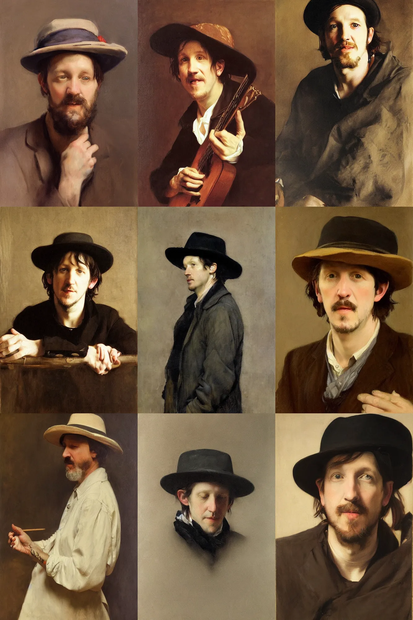 Prompt: beautiful oil matte portrait painting of elliot smith wearing a pork pie hat by anders zorn, wonderful masterpiece highly detailed, ultra realistic, by artemisia lomi gentileschi and caravaggio