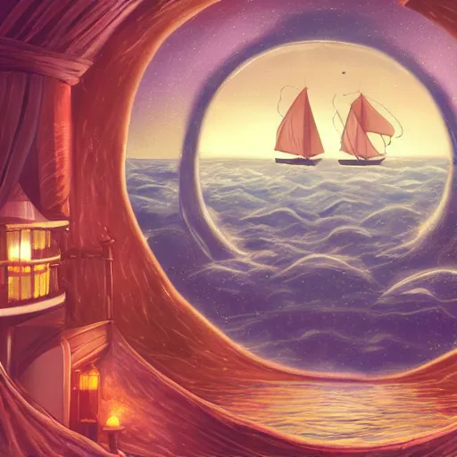 Prompt: fantasy world inside a ship sailing amongst the star