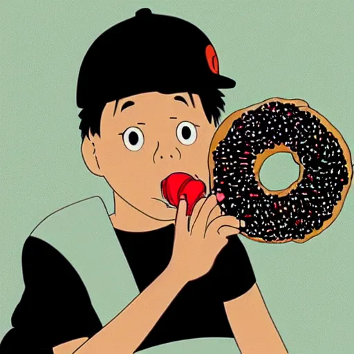 Prompt: j dilla eating a donut, in the style of hayao miyazaki