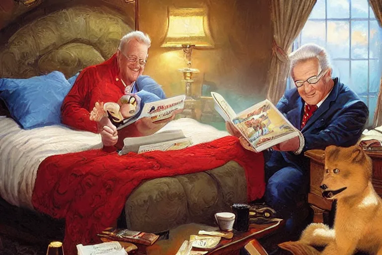 Image similar to portrait of rod roddy reading a bedtime story to bob barker in bed, an oil painting by ross tran and thomas kincade