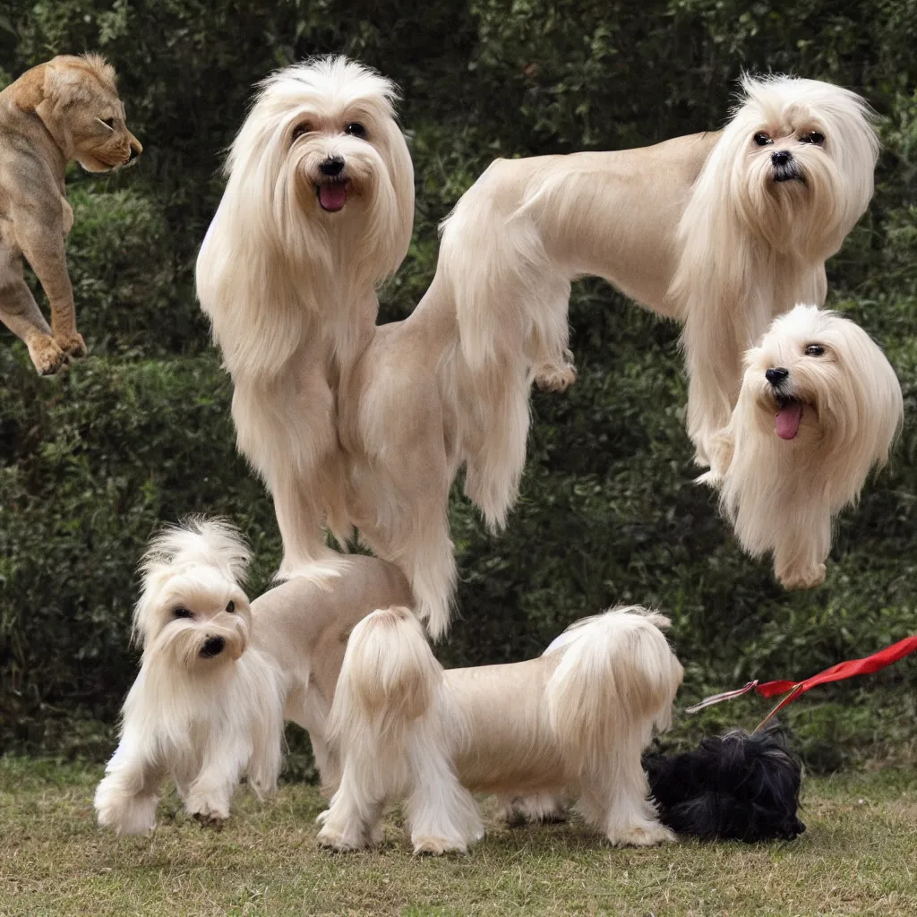 Image similar to a maltese terrier protects princess from lions, realistic, clean,