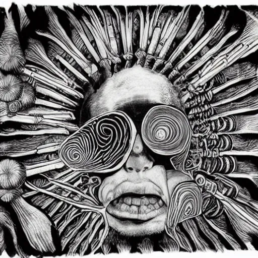 Image similar to punk album cover, blank horizontal banner on top, black and white spiral, psychedelic, giuseppe arcimboldo