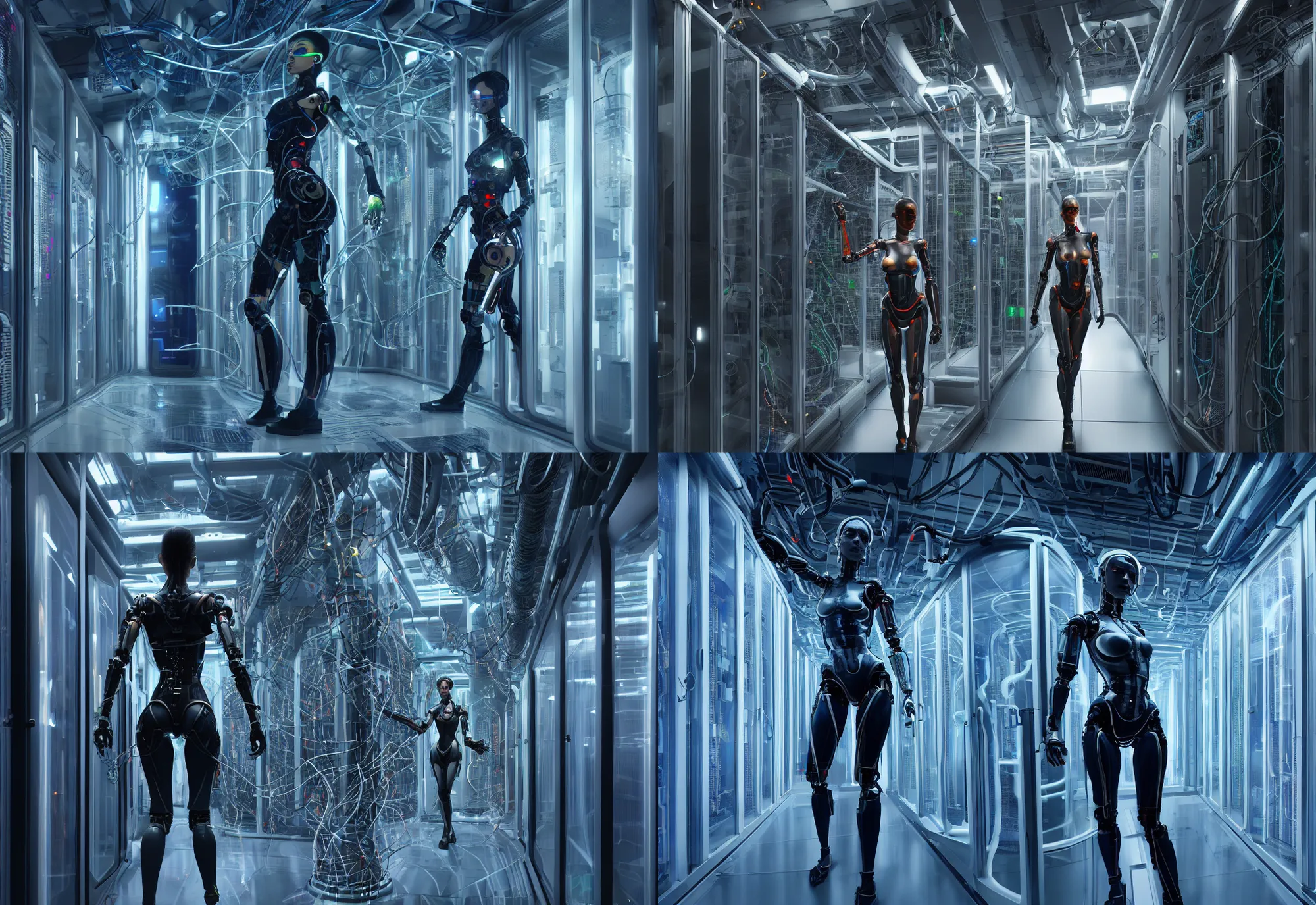 Prompt: female cyborg in data center, in detailed data center, in realistic data center, whole body, whole figure, character design, proportional human body, cinematic realistic, detailed, composition, hyper realistic, extreamly detailed octane render 8 k by ex - machina by cyberpunk altered carbon