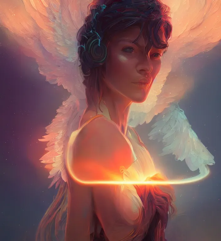 Image similar to centered waist up portrait photography an angel + glowing outlines, dissolve to energy particles of light + bokeh + strong DOF + 8k, photorealistic + composition by Peter Mohrbacher + line work by Dan Mumford , ultra realistic + backlit + strong rimlight, sunset + HDRI, HD, Photoreal