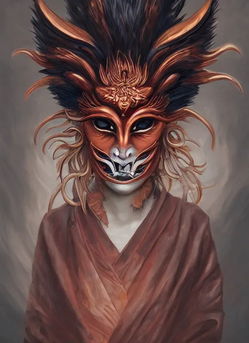 Prompt: a beautiful detailed oil on copper art illustration of a japanese tengu kitsune mask devil woman, the mask is broken, centered, by charlie bowater, zeng fanzh, trending on artstation, dim dusk lighting, cinematic lighting, detailed lighting, volumetric lighting, realistic, f 8, 4 k hd wallpaper