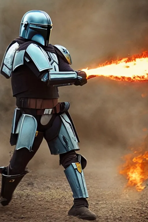 Prompt: a beautiful photo of a Mandalorian running through fire