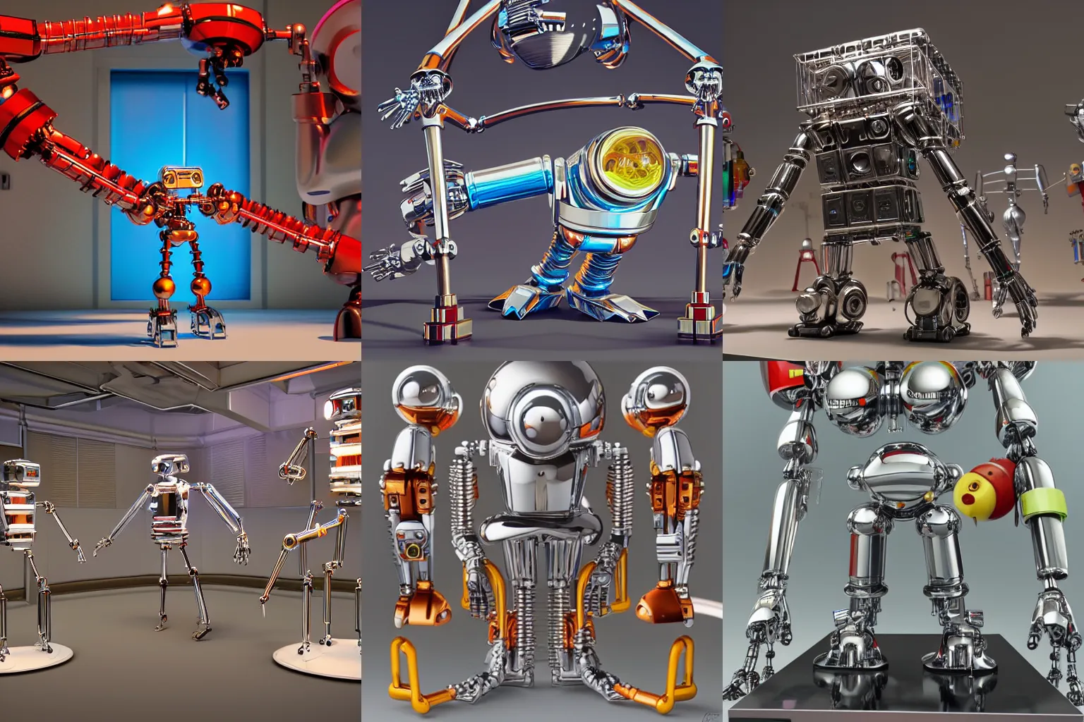 Prompt: A propaganda, chrome simple funny mechanical mechabot characterdesign toy sculpture made from chrome wires and tubes by moebius, by david lachapelle, by angus mckie, by rhads, by jeff koons, in an empty studio hollow, c4d