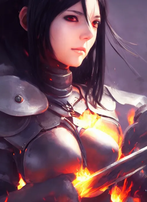 Image similar to Portrait of Anime girl with black hair, she is carrying a burning sword, wearing metal armor around her chest and waist, realistic, detailed, 4k by Greg Rutkowski Mark Arian trending on artstation